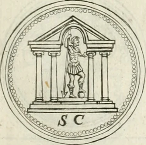 An illustration from Veterum Romanorum Religio castrametatio, disciplina militaris ut & balneae ex antiquis numismatibus & lapidibus demonstrata, 1686, leaf 206