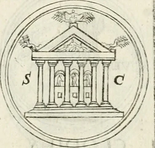 An illustration from Veterum Romanorum Religio castrametatio, disciplina militaris ut & balneae ex antiquis numismatibus & lapidibus demonstrata, 1686, leaf 206