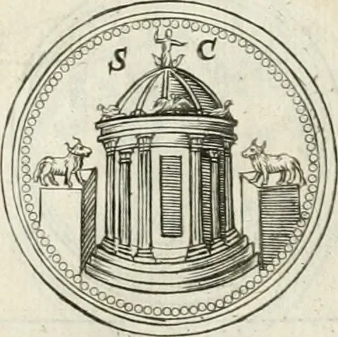 An illustration from Veterum Romanorum Religio castrametatio, disciplina militaris ut & balneae ex antiquis numismatibus & lapidibus demonstrata, 1686, leaf 206