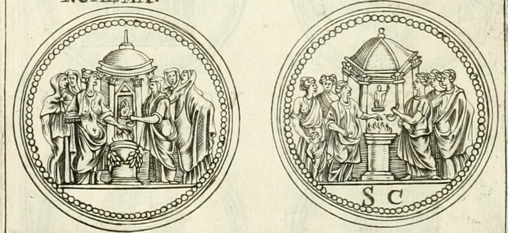 An illustration from Veterum Romanorum Religio castrametatio, disciplina militaris ut & balneae ex antiquis numismatibus & lapidibus demonstrata, 1686, leaf 209