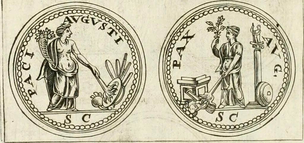 An illustration from Veterum Romanorum Religio castrametatio, disciplina militaris ut & balneae ex antiquis numismatibus & lapidibus demonstrata, 1686, leaf 21