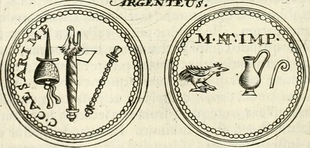 An illustration from Veterum Romanorum Religio castrametatio, disciplina militaris ut & balneae ex antiquis numismatibus & lapidibus demonstrata, 1686, leaf 217