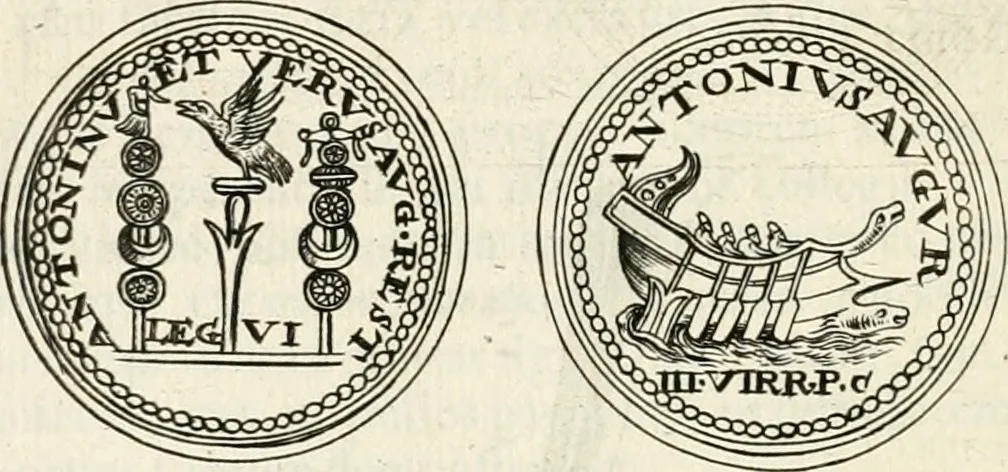 An illustration from Veterum Romanorum Religio castrametatio, disciplina militaris ut & balneae ex antiquis numismatibus & lapidibus demonstrata, 1686, leaf 219