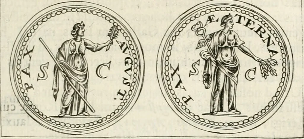 An illustration from Veterum Romanorum Religio castrametatio, disciplina militaris ut & balneae ex antiquis numismatibus & lapidibus demonstrata, 1686, leaf 22