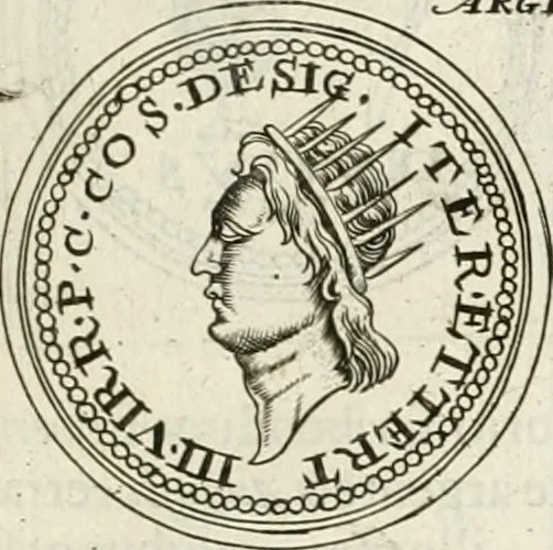 An illustration from Veterum Romanorum Religio castrametatio, disciplina militaris ut & balneae ex antiquis numismatibus & lapidibus demonstrata, 1686, leaf 220