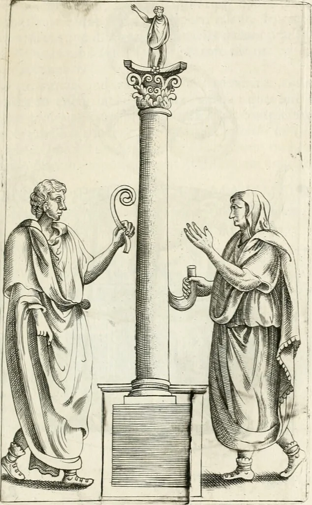 An illustration from Veterum Romanorum Religio castrametatio, disciplina militaris ut & balneae ex antiquis numismatibus & lapidibus demonstrata, 1686, leaf 222