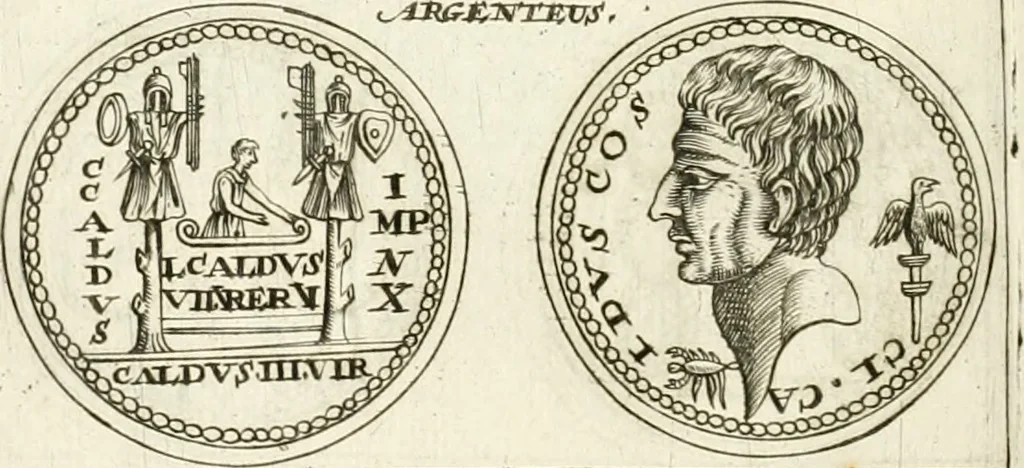 An illustration from Veterum Romanorum Religio castrametatio, disciplina militaris ut & balneae ex antiquis numismatibus & lapidibus demonstrata, 1686, leaf 227