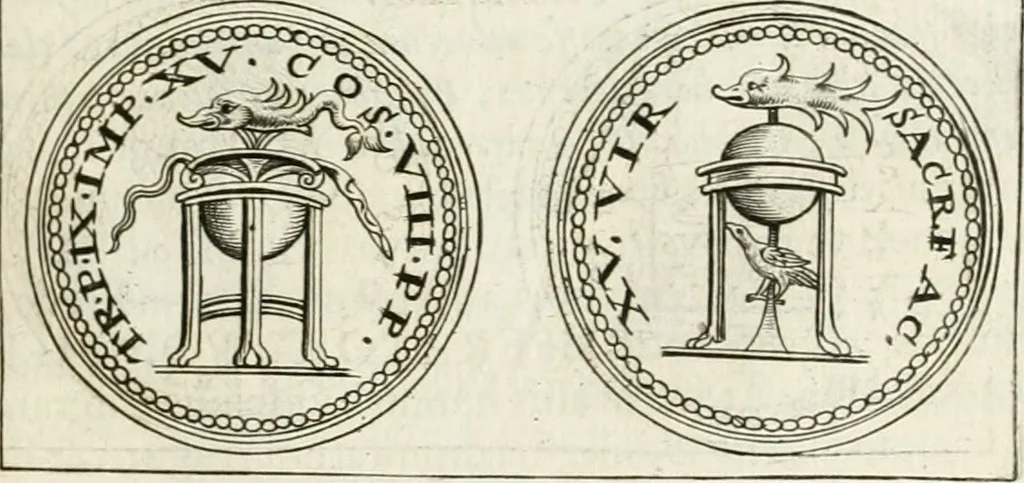 An illustration from Veterum Romanorum Religio castrametatio, disciplina militaris ut & balneae ex antiquis numismatibus & lapidibus demonstrata, 1686, leaf 228