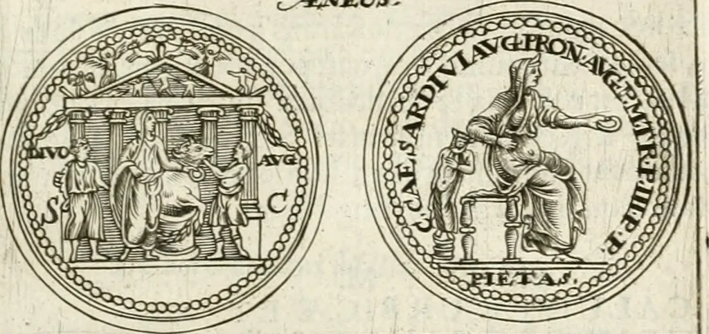 An illustration from Veterum Romanorum Religio castrametatio, disciplina militaris ut & balneae ex antiquis numismatibus & lapidibus demonstrata, 1686, leaf 232