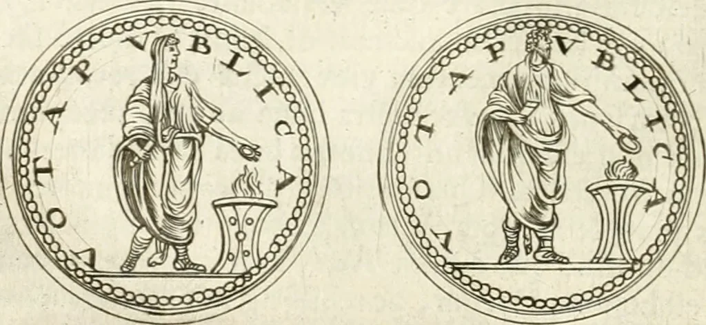 An illustration from Veterum Romanorum Religio castrametatio, disciplina militaris ut & balneae ex antiquis numismatibus & lapidibus demonstrata, 1686, leaf 237