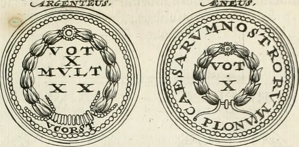 An illustration from Veterum Romanorum Religio castrametatio, disciplina militaris ut & balneae ex antiquis numismatibus & lapidibus demonstrata, 1686, leaf 238