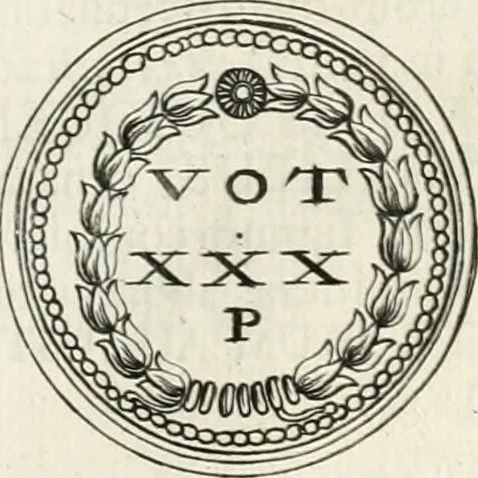 An illustration from Veterum Romanorum Religio castrametatio, disciplina militaris ut & balneae ex antiquis numismatibus & lapidibus demonstrata, 1686, leaf 238