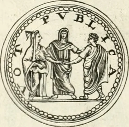 An illustration from Veterum Romanorum Religio castrametatio, disciplina militaris ut & balneae ex antiquis numismatibus & lapidibus demonstrata, 1686, leaf 239