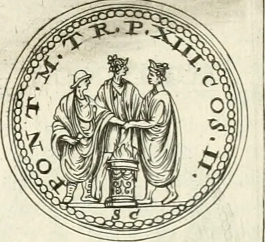 An illustration from Veterum Romanorum Religio castrametatio, disciplina militaris ut & balneae ex antiquis numismatibus & lapidibus demonstrata, 1686, leaf 239