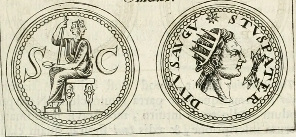 An illustration from Veterum Romanorum Religio castrametatio, disciplina militaris ut & balneae ex antiquis numismatibus & lapidibus demonstrata, 1686, leaf 24