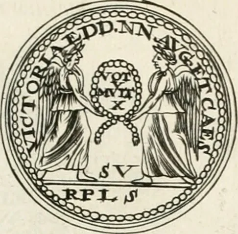 An illustration from Veterum Romanorum Religio castrametatio, disciplina militaris ut & balneae ex antiquis numismatibus & lapidibus demonstrata, 1686, leaf 240