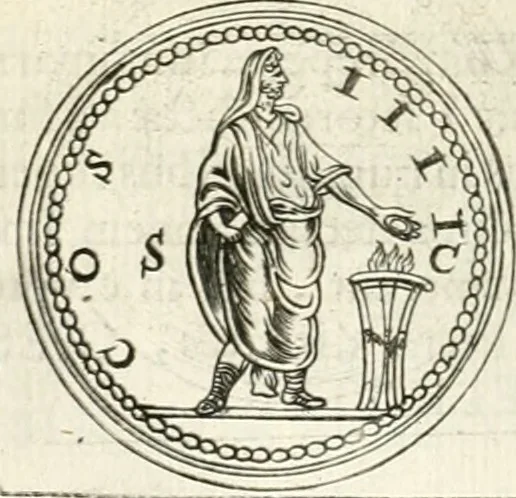 An illustration from Veterum Romanorum Religio castrametatio, disciplina militaris ut & balneae ex antiquis numismatibus & lapidibus demonstrata, 1686, leaf 241