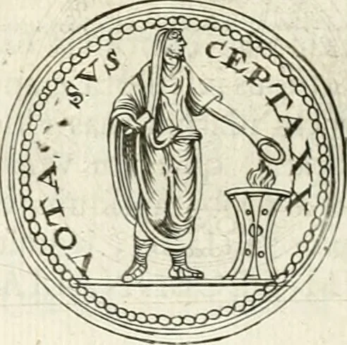 An illustration from Veterum Romanorum Religio castrametatio, disciplina militaris ut & balneae ex antiquis numismatibus & lapidibus demonstrata, 1686, leaf 241