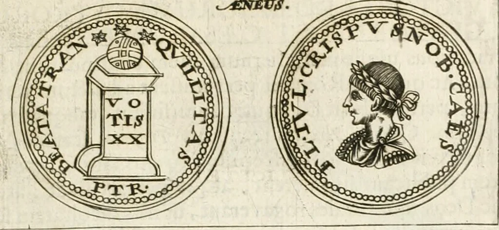 An illustration from Veterum Romanorum Religio castrametatio, disciplina militaris ut & balneae ex antiquis numismatibus & lapidibus demonstrata, 1686, leaf 242