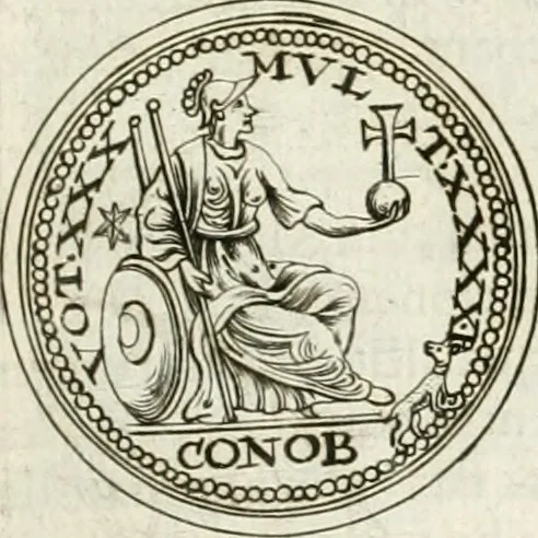 An illustration from Veterum Romanorum Religio castrametatio, disciplina militaris ut & balneae ex antiquis numismatibus & lapidibus demonstrata, 1686, leaf 242