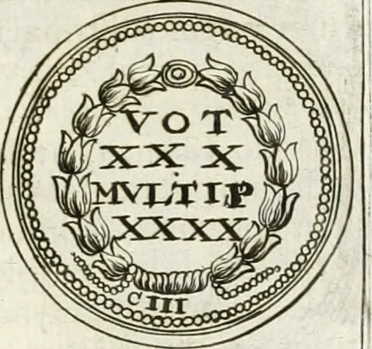 An illustration from Veterum Romanorum Religio castrametatio, disciplina militaris ut & balneae ex antiquis numismatibus & lapidibus demonstrata, 1686, leaf 242
