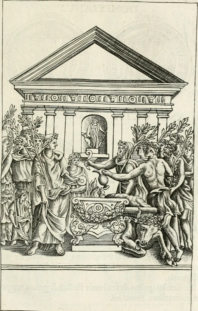 An illustration from Veterum Romanorum Religio castrametatio, disciplina militaris ut & balneae ex antiquis numismatibus & lapidibus demonstrata, 1686, leaf 244