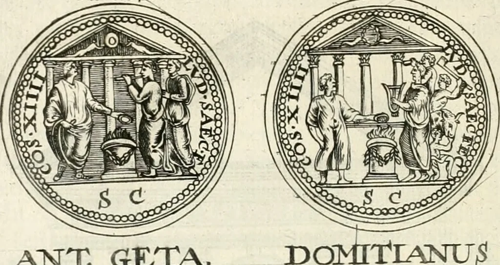 An illustration from Veterum Romanorum Religio castrametatio, disciplina militaris ut & balneae ex antiquis numismatibus & lapidibus demonstrata, 1686, leaf 245