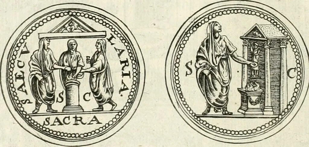 An illustration from Veterum Romanorum Religio castrametatio, disciplina militaris ut & balneae ex antiquis numismatibus & lapidibus demonstrata, 1686, leaf 245