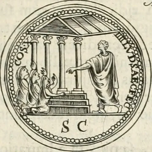 An illustration from Veterum Romanorum Religio castrametatio, disciplina militaris ut & balneae ex antiquis numismatibus & lapidibus demonstrata, 1686, leaf 246