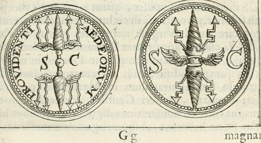 An illustration from Veterum Romanorum Religio castrametatio, disciplina militaris ut & balneae ex antiquis numismatibus & lapidibus demonstrata, 1686, leaf 246