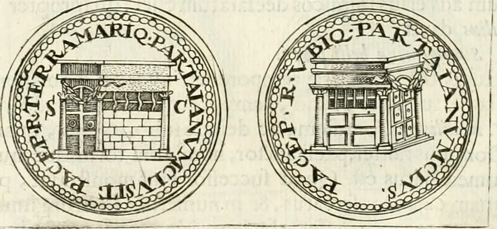 An illustration from Veterum Romanorum Religio castrametatio, disciplina militaris ut & balneae ex antiquis numismatibus & lapidibus demonstrata, 1686, leaf 25