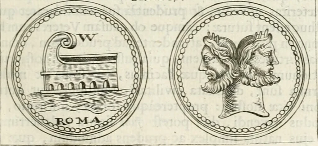 An illustration from Veterum Romanorum Religio castrametatio, disciplina militaris ut & balneae ex antiquis numismatibus & lapidibus demonstrata, 1686, leaf 26