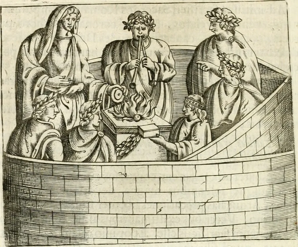An illustration from Veterum Romanorum Religio castrametatio, disciplina militaris ut & balneae ex antiquis numismatibus & lapidibus demonstrata, 1686, leaf 263