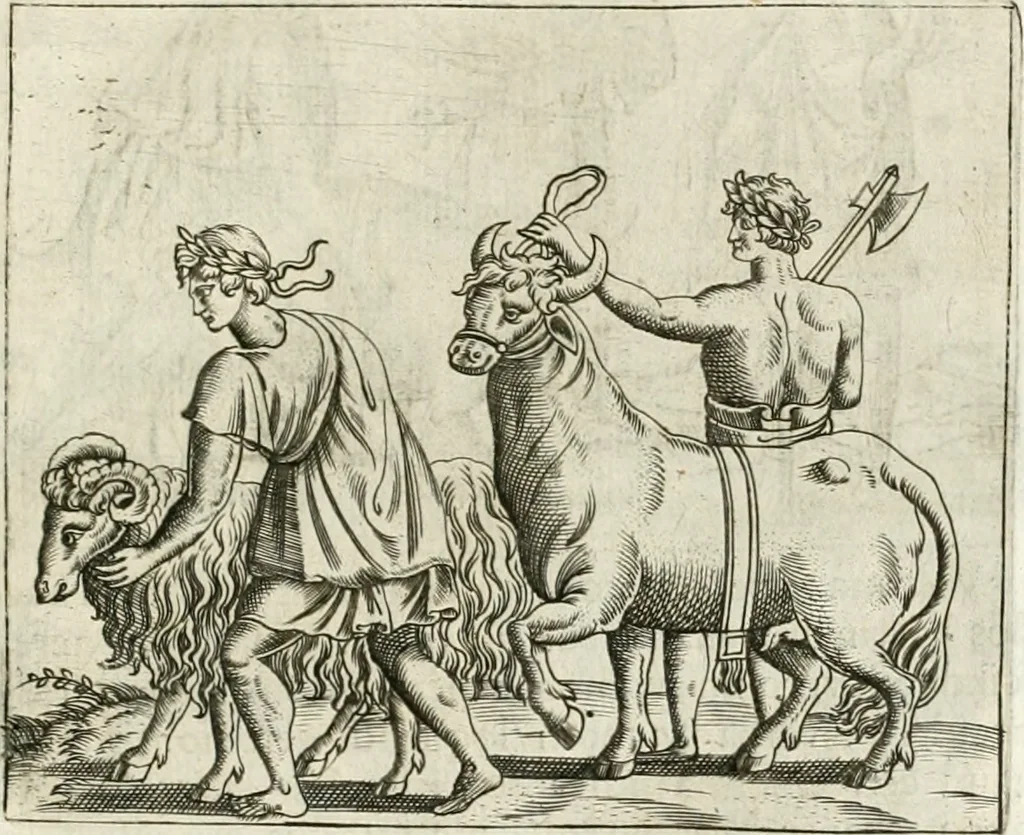 An illustration from Veterum Romanorum Religio castrametatio, disciplina militaris ut & balneae ex antiquis numismatibus & lapidibus demonstrata, 1686, leaf 268