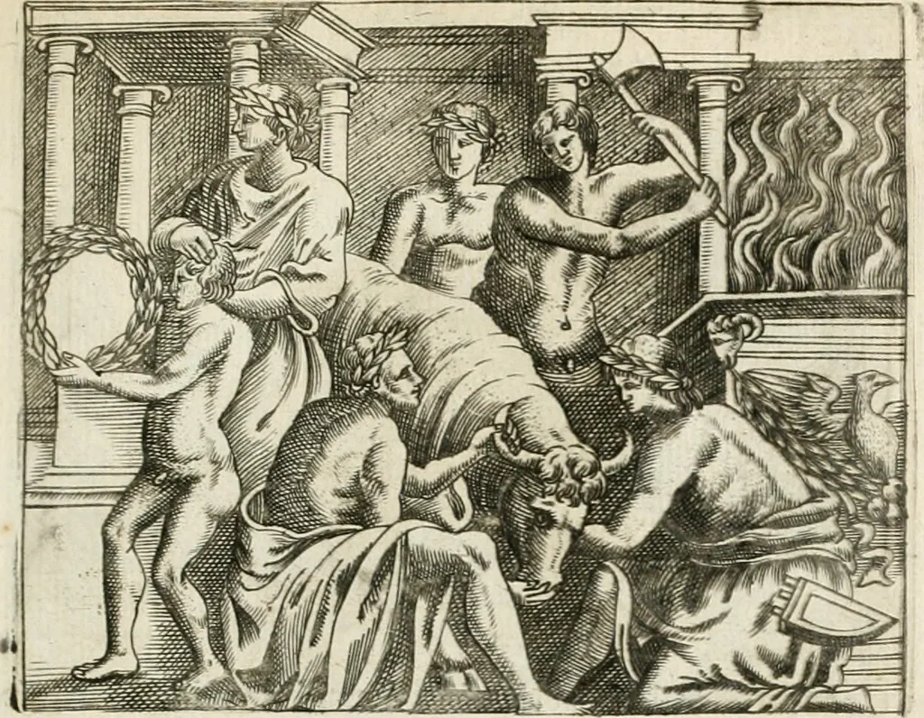 An illustration from Veterum Romanorum Religio castrametatio, disciplina militaris ut & balneae ex antiquis numismatibus & lapidibus demonstrata, 1686, leaf 278