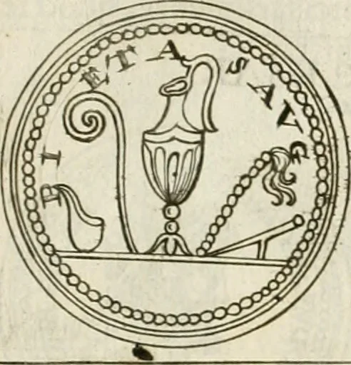 An illustration from Veterum Romanorum Religio castrametatio, disciplina militaris ut & balneae ex antiquis numismatibus & lapidibus demonstrata, 1686, leaf 284