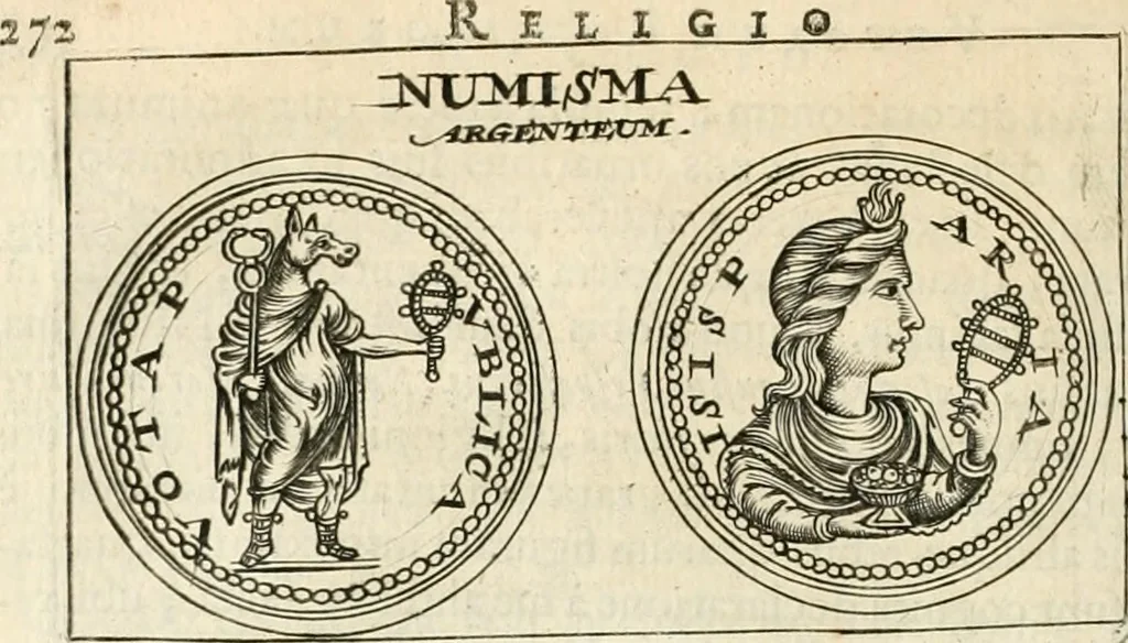 An illustration from Veterum Romanorum Religio castrametatio, disciplina militaris ut & balneae ex antiquis numismatibus & lapidibus demonstrata, 1686, leaf 285