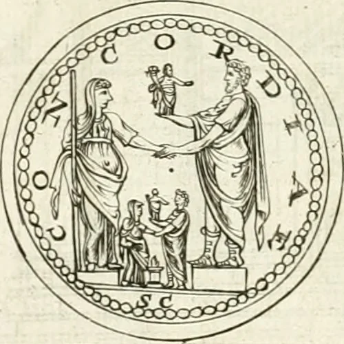 An illustration from Veterum Romanorum Religio castrametatio, disciplina militaris ut & balneae ex antiquis numismatibus & lapidibus demonstrata, 1686, leaf 31