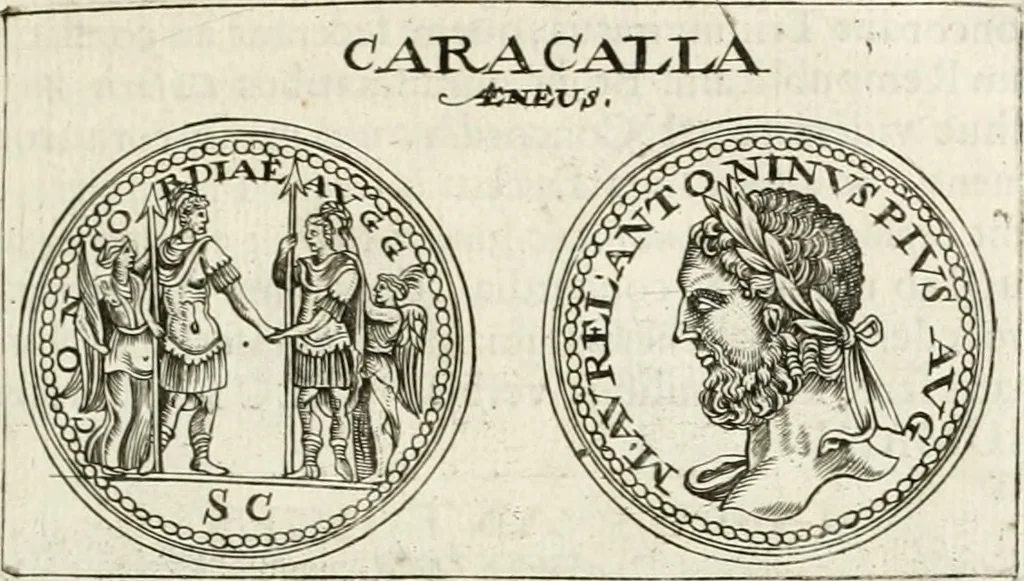 An illustration from Veterum Romanorum Religio castrametatio, disciplina militaris ut & balneae ex antiquis numismatibus & lapidibus demonstrata, 1686, leaf 32