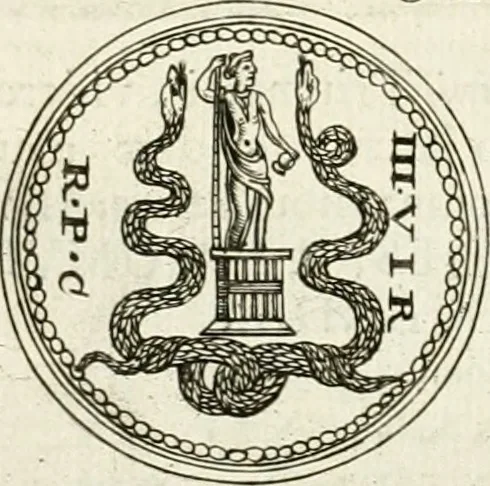 An illustration from Veterum Romanorum Religio castrametatio, disciplina militaris ut & balneae ex antiquis numismatibus & lapidibus demonstrata, 1686, leaf 33