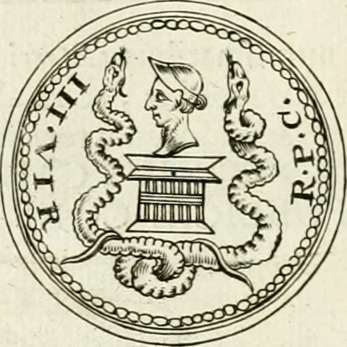 An illustration from Veterum Romanorum Religio castrametatio, disciplina militaris ut & balneae ex antiquis numismatibus & lapidibus demonstrata, 1686, leaf 33