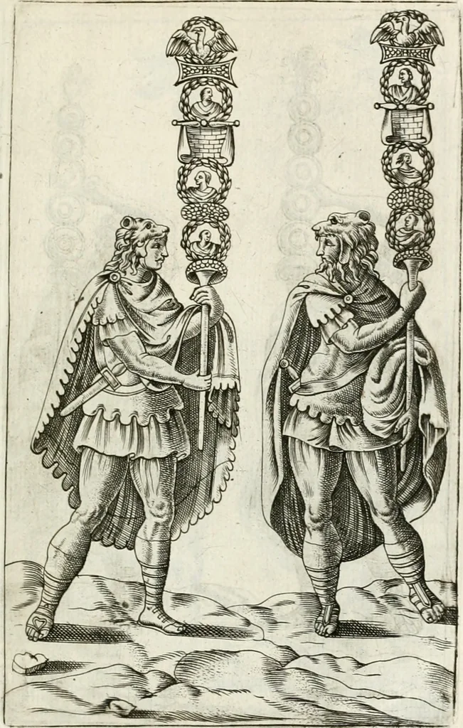 An illustration from Veterum Romanorum Religio castrametatio, disciplina militaris ut & balneae ex antiquis numismatibus & lapidibus demonstrata, 1686, leaf 334