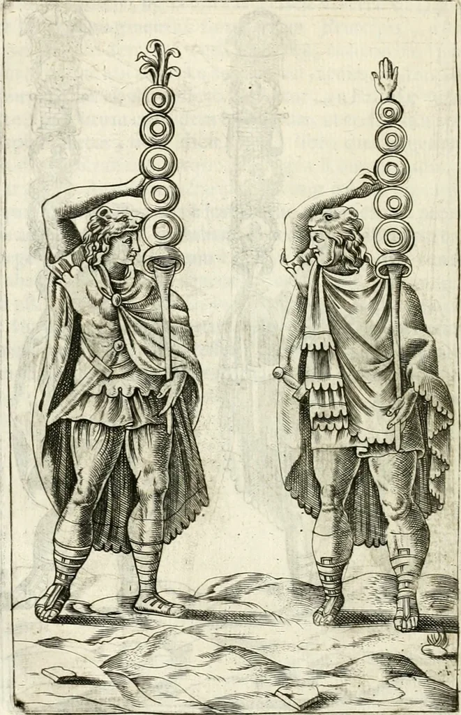 An illustration from Veterum Romanorum Religio castrametatio, disciplina militaris ut & balneae ex antiquis numismatibus & lapidibus demonstrata, 1686, leaf 335