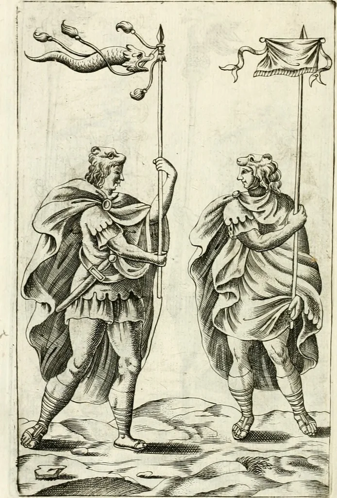 An illustration from Veterum Romanorum Religio castrametatio, disciplina militaris ut & balneae ex antiquis numismatibus & lapidibus demonstrata, 1686, leaf 337