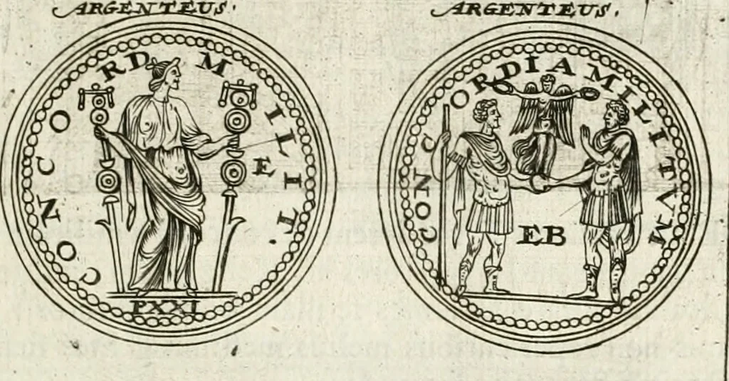 An illustration from Veterum Romanorum Religio castrametatio, disciplina militaris ut & balneae ex antiquis numismatibus & lapidibus demonstrata, 1686, leaf 34