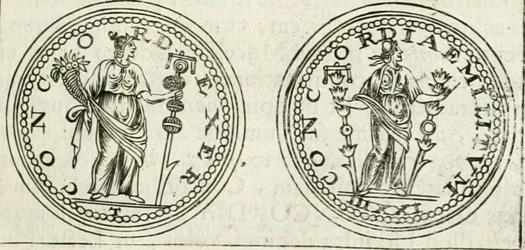 An illustration from Veterum Romanorum Religio castrametatio, disciplina militaris ut & balneae ex antiquis numismatibus & lapidibus demonstrata, 1686, leaf 34