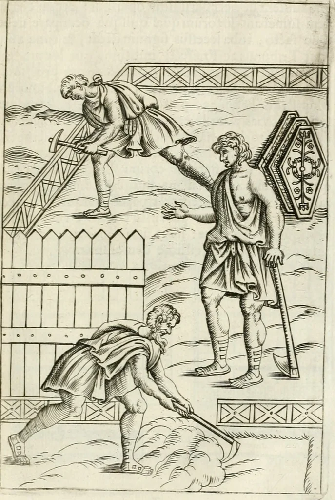 An illustration from Veterum Romanorum Religio castrametatio, disciplina militaris ut & balneae ex antiquis numismatibus & lapidibus demonstrata, 1686, leaf 342