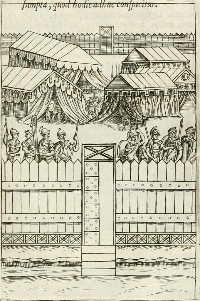An illustration from Veterum Romanorum Religio castrametatio, disciplina militaris ut & balneae ex antiquis numismatibus & lapidibus demonstrata, 1686, leaf 344