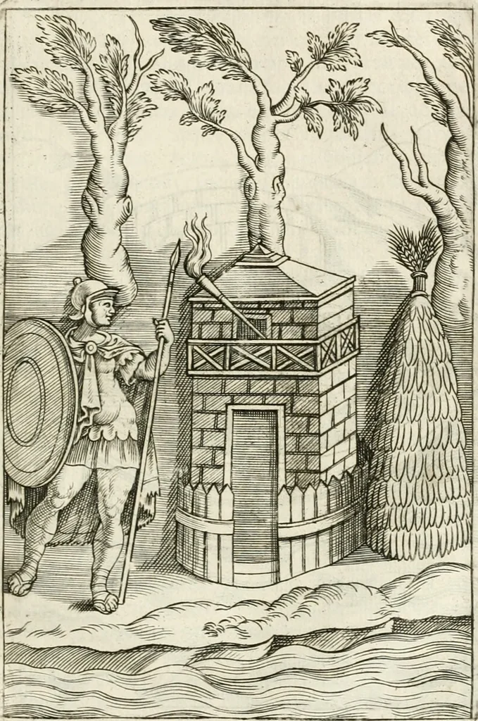 An illustration from Veterum Romanorum Religio castrametatio, disciplina militaris ut & balneae ex antiquis numismatibus & lapidibus demonstrata, 1686, leaf 346