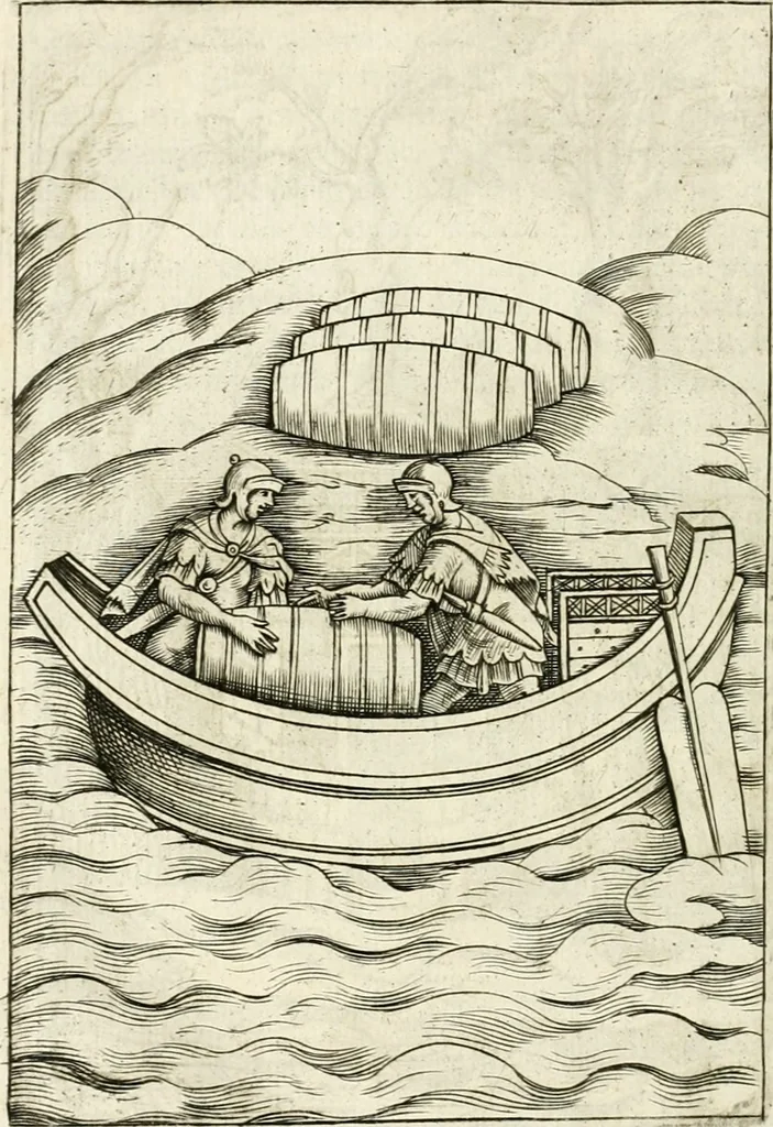 An illustration from Veterum Romanorum Religio castrametatio, disciplina militaris ut & balneae ex antiquis numismatibus & lapidibus demonstrata, 1686, leaf 347